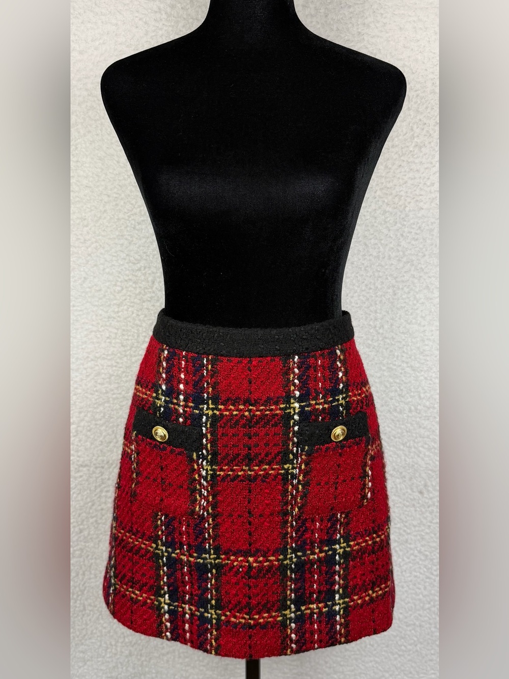ZARA • Red/Black Tartan Plaid Tweed Mini Skirt, XS - Picture 6 of 16